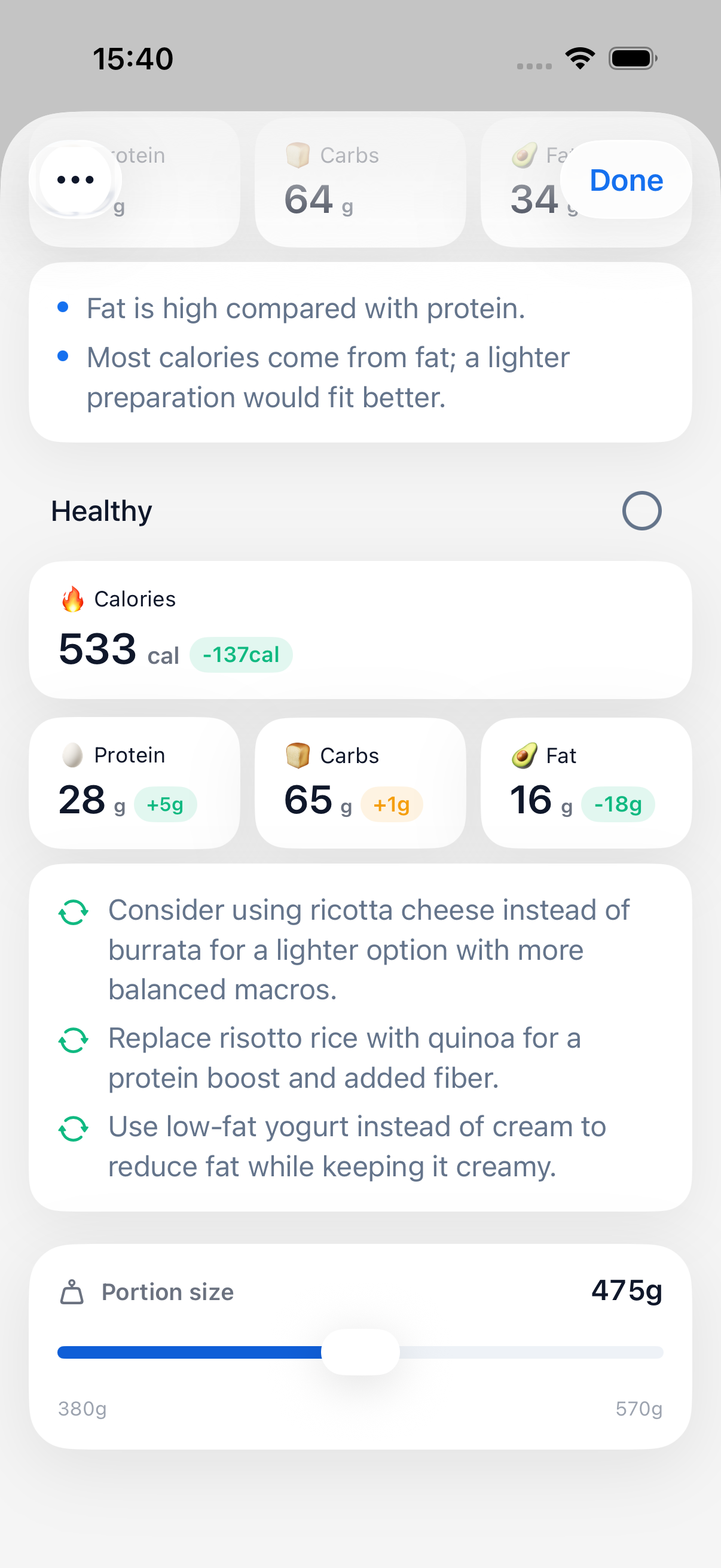 Boocheck AI evaluation showing a Healthy comparison, macro deltas, ingredient swaps and a portion slider