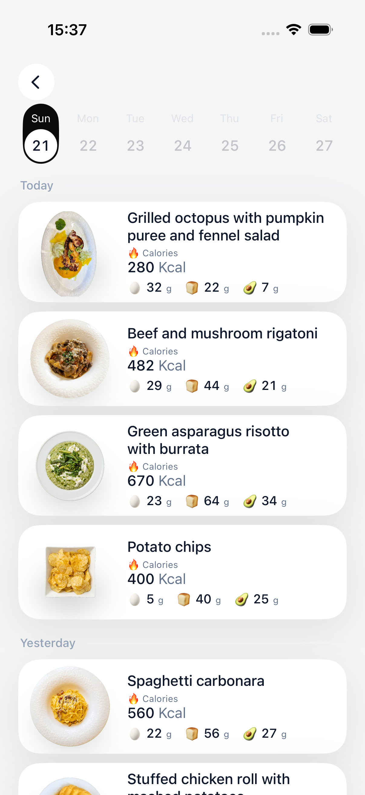 Boocheck full-day food log as a list of meal cards