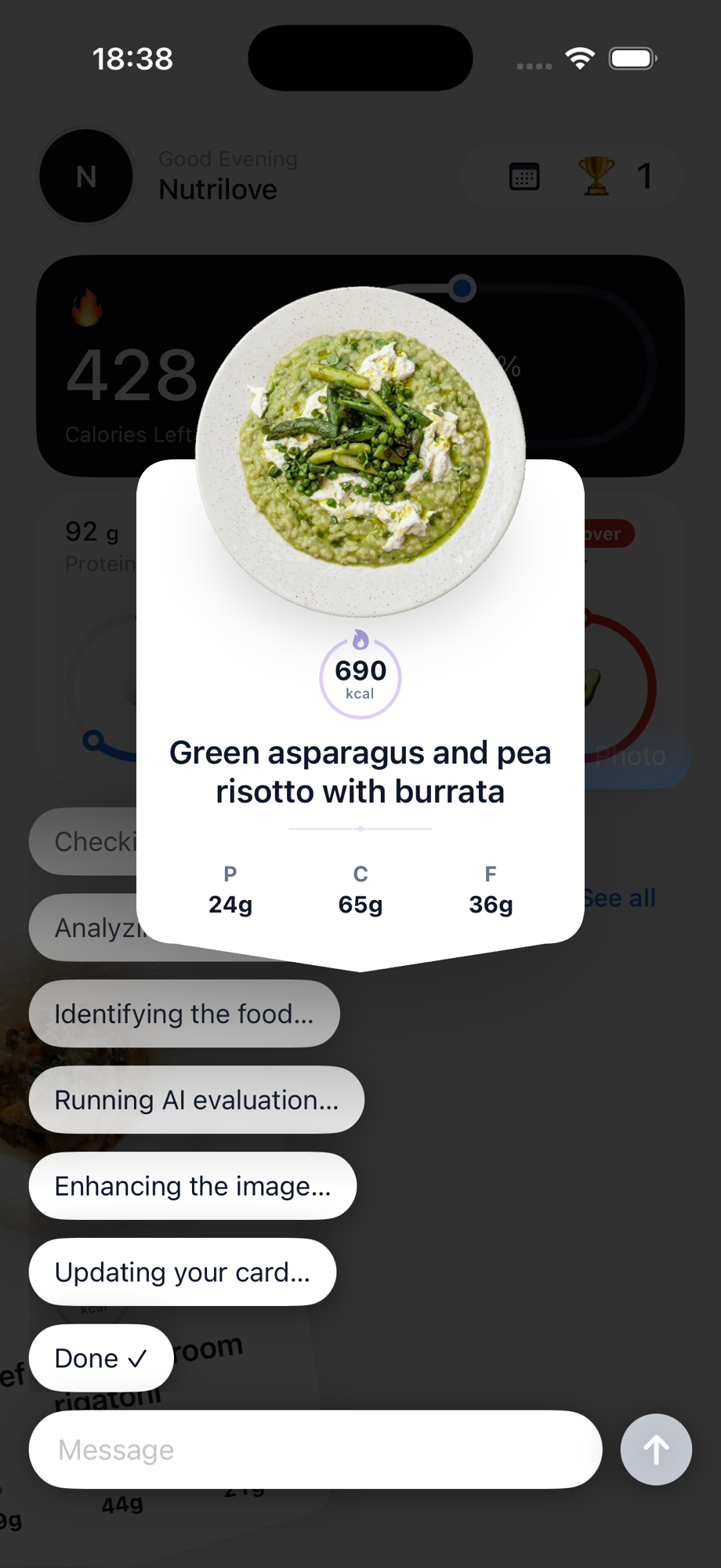 Boocheck's meal card filling in with the conversation behind it after a photo
